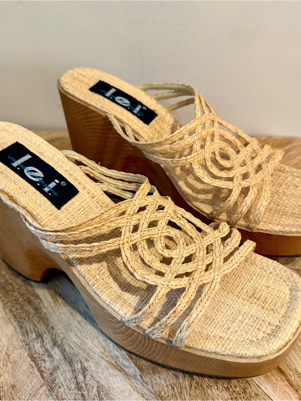 Vintage L.e.i. “Jibe” raffia braided platform wedges